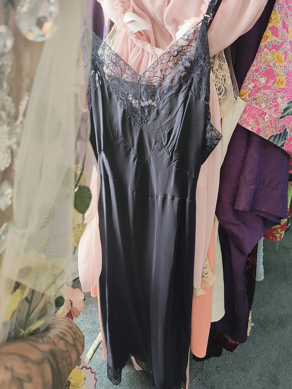 Source Unknown Black Lace-Trim Satin Slip Dress